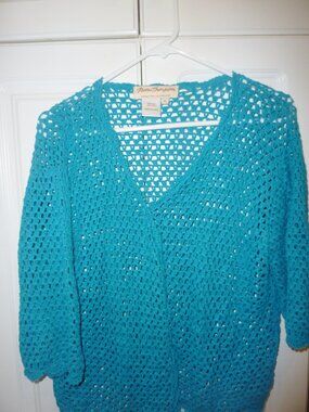 MINT Norm Thompson Bright Turquoise Crocheted Cropped Cardigan XL